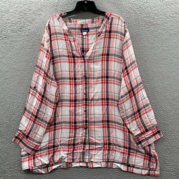 Basic Editions Tops - BASIC EDITIONS Shirt Womens 3X Button Up Blouse Top Plaid Long Sleeve Pink